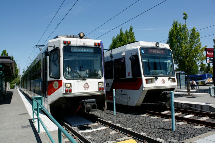 MAX red line train to the airport, leaving from Beaverton transit center. photo credit: wikimedia.org