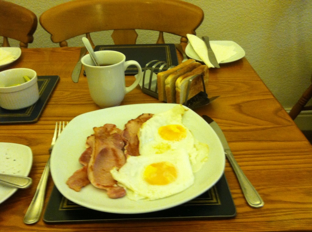 Breakfast at Garth House: bacon, eggs, toast, and tea.