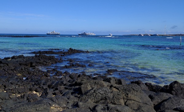 Lava rocks along the turquoise-blue shoreline